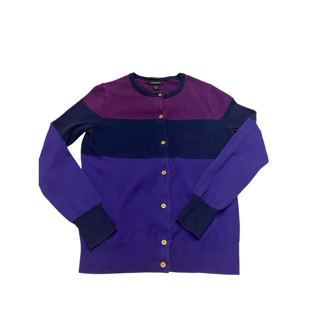 Lands' End Womens Cardigan Sweater XS 2-4 Supima Cotton Colorblock Purple
